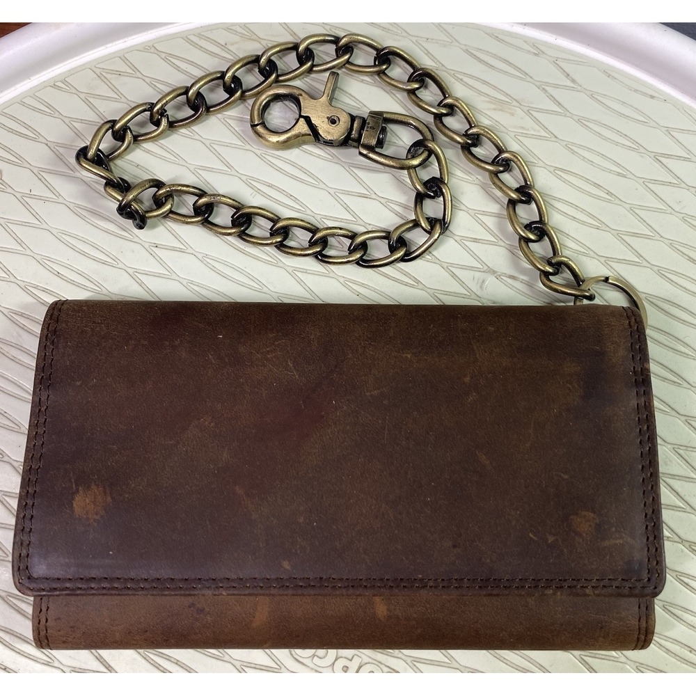 Men's Marshal Brown‎ Leather Trifold Wallet W/Chain Biker Motorcyclist 4x7x1"